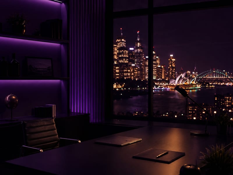 Modern Sydney workspace at night.